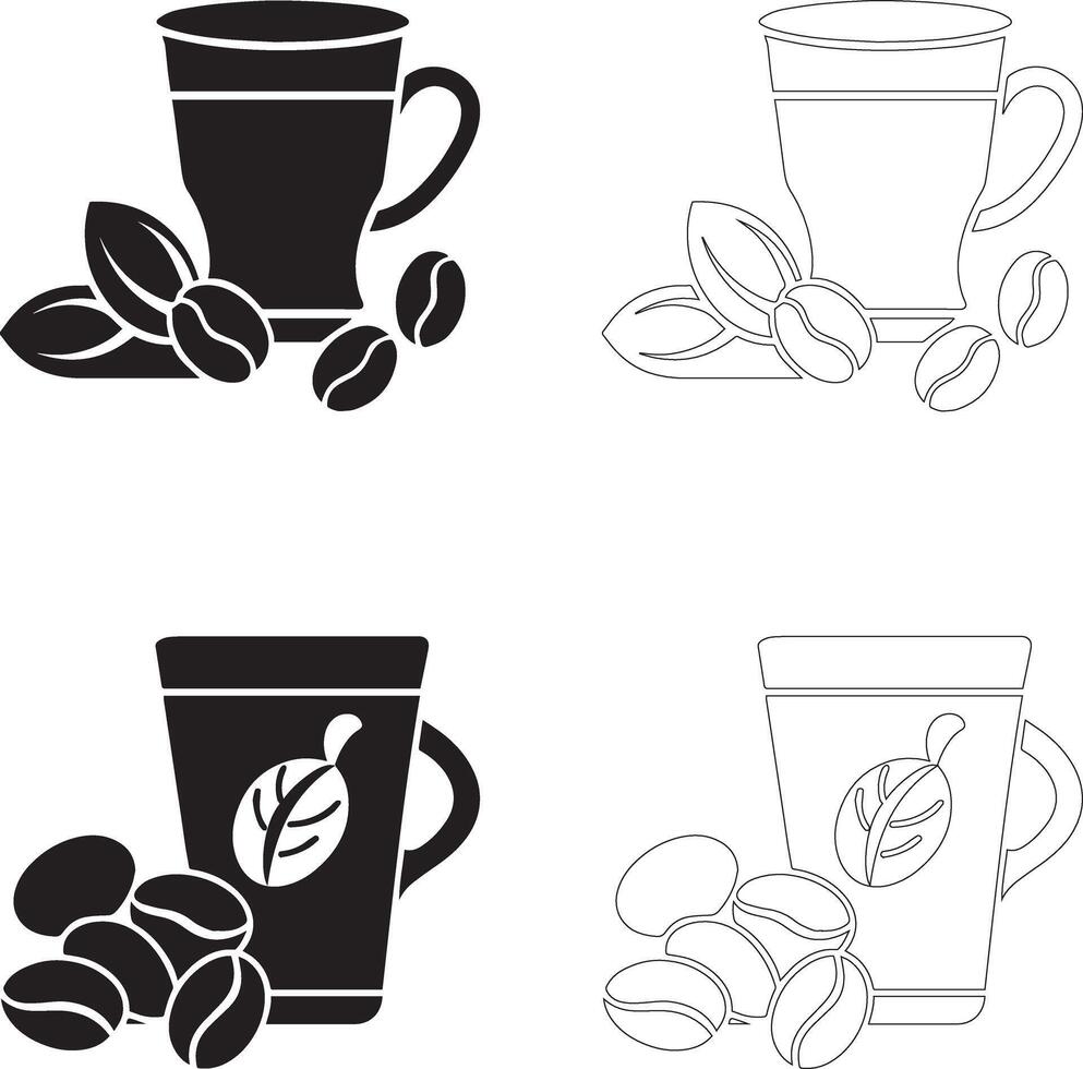 coffee day coffee cup with leaf design and coffee beans icon set solid and outline silhouettes vector