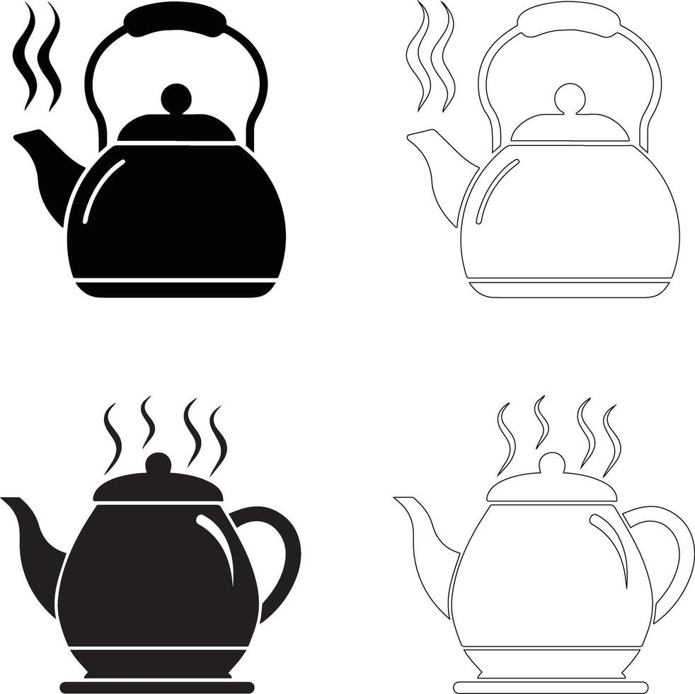 coffee day coffee pot icon set steaming solid and outline silhouettes vector