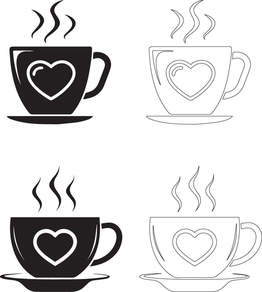 coffee day heart coffee cup icon set solid and outline steaming silhouettes vector