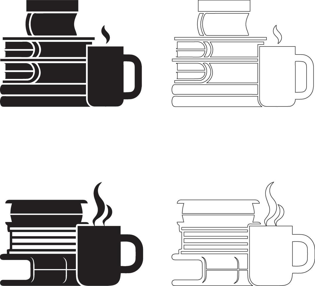 Coffee Day Book Stack and Steaming Mug Icon Set with Solid and Outline Styles vector