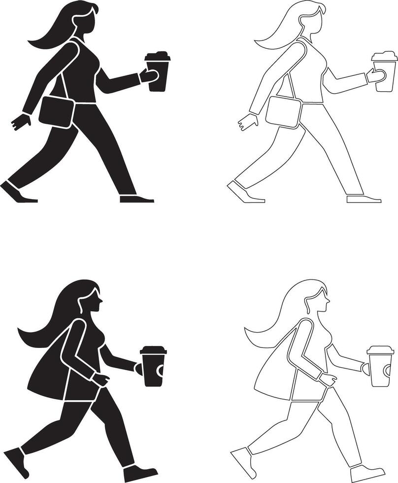Coffee Day Walking Person Holding Coffee Cup Icon Set Four Variations Silhouette and Outline vector