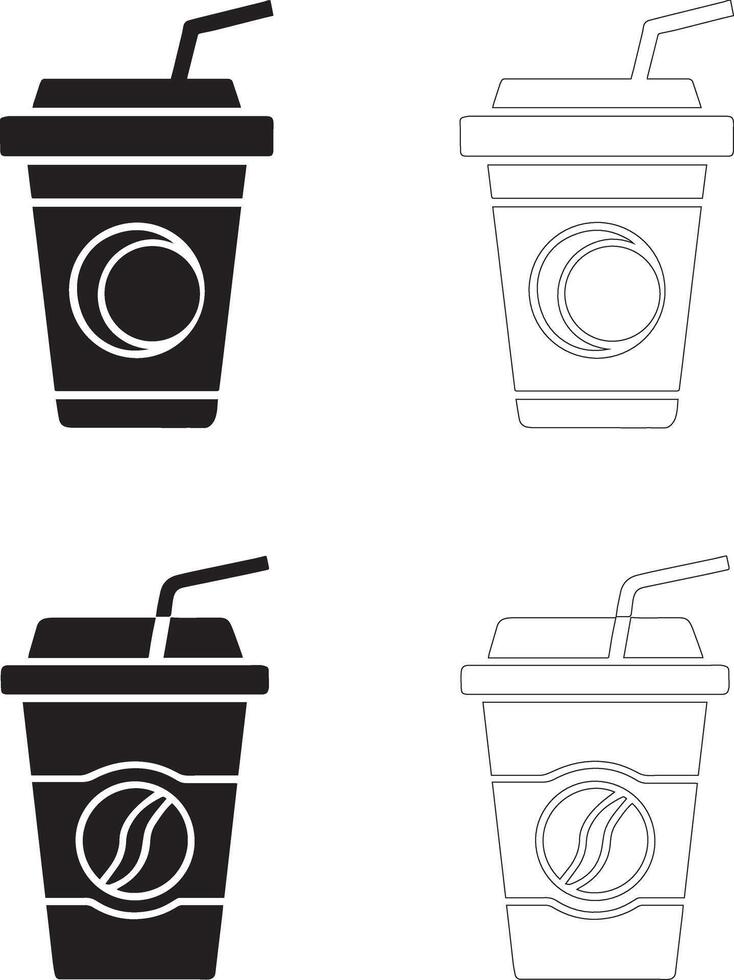 coffee day coffee cup with straw icon set solid and outline silhouettes with coffee bean and circular designs vector