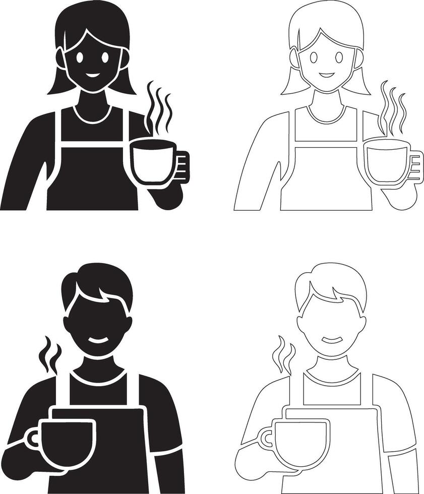 coffee day barista icon set with steaming coffee cup silhouettes and outline graphics vector