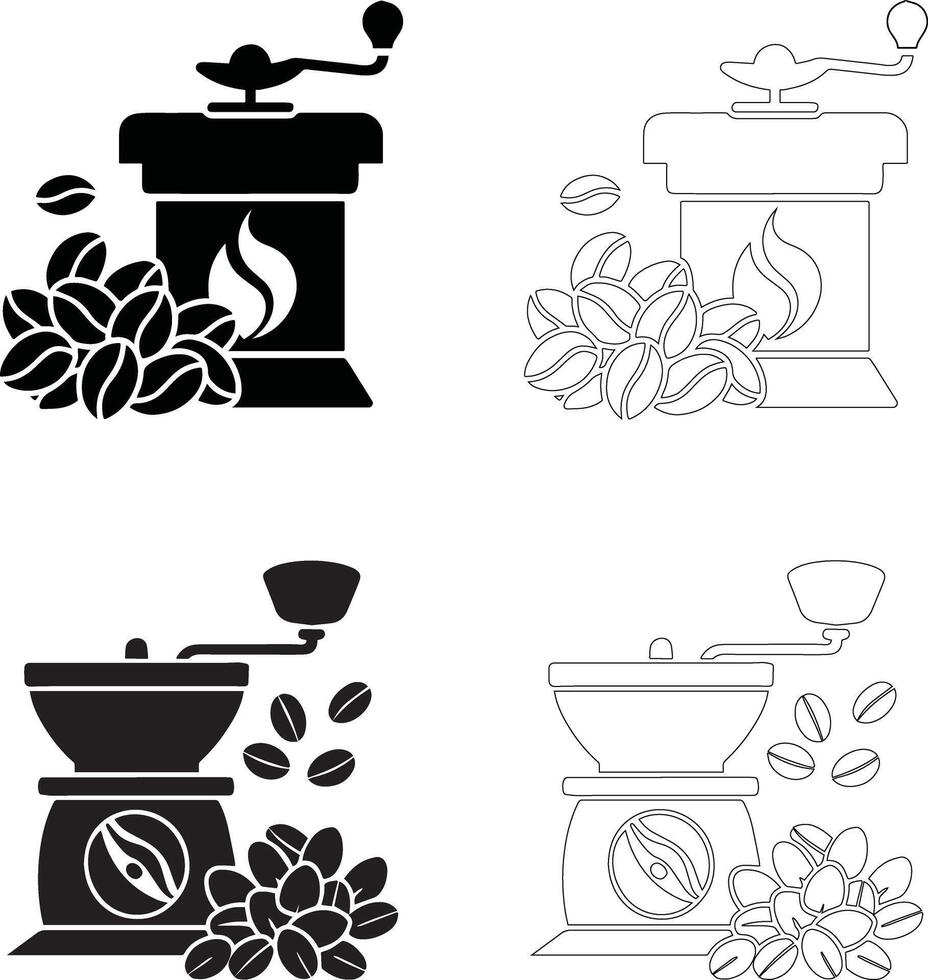 coffee day coffee grinder icon set with solid and outline silhouettes and coffee bean clusters vector