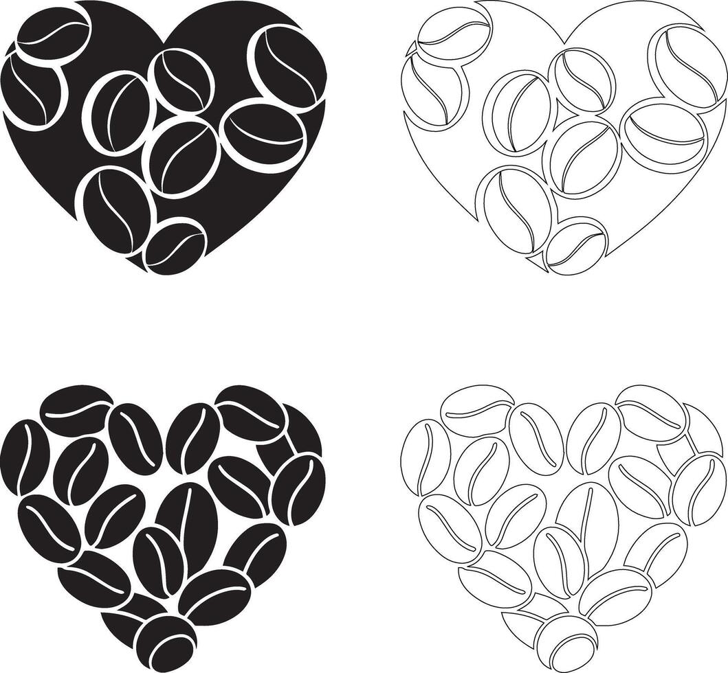 coffee day heart coffee bean icon set solid and outline silhouettes vector
