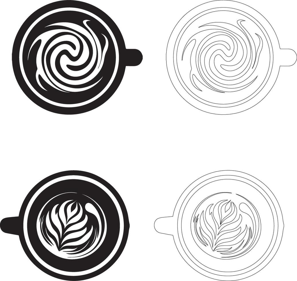 coffee day top view latte art coffee cup icon set swirl and leaf silhouettes filled and outline vector