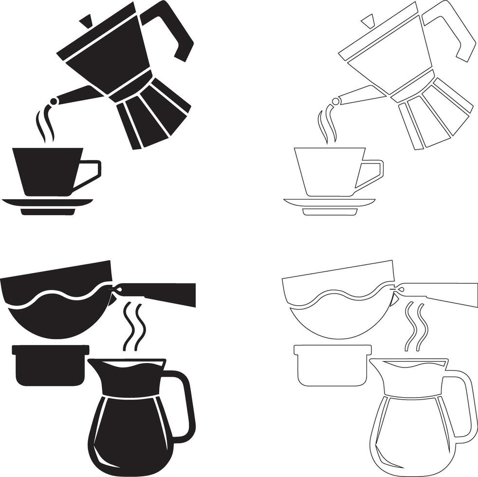 coffee day coffee brewing icon set moka pot pour over silhouettes and outline graphics vector
