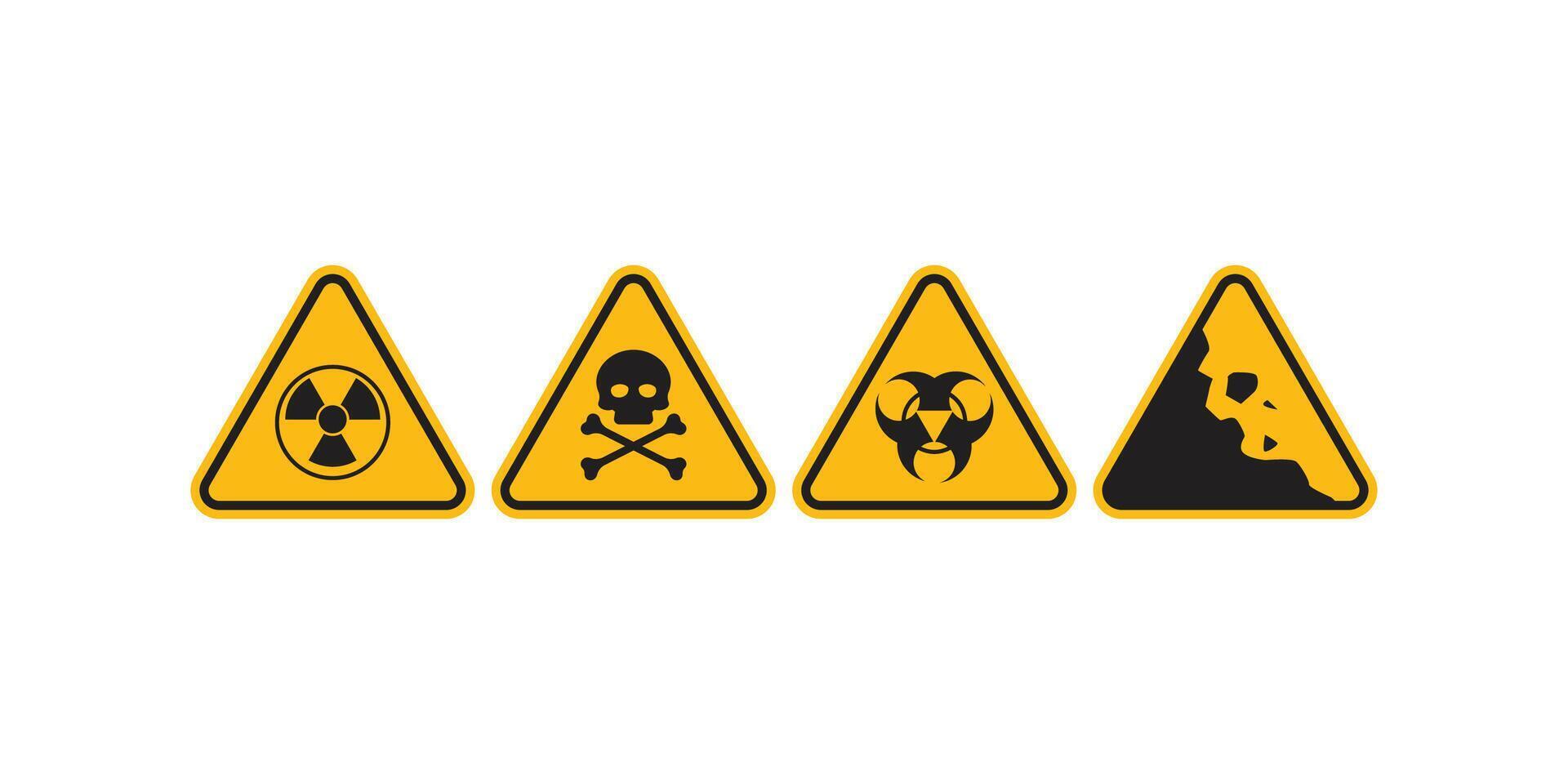 Set of caution warning signs including radioactivity symbol and other hazard icons perfect for safety signage, alerts, and danger awareness in public spaces vector