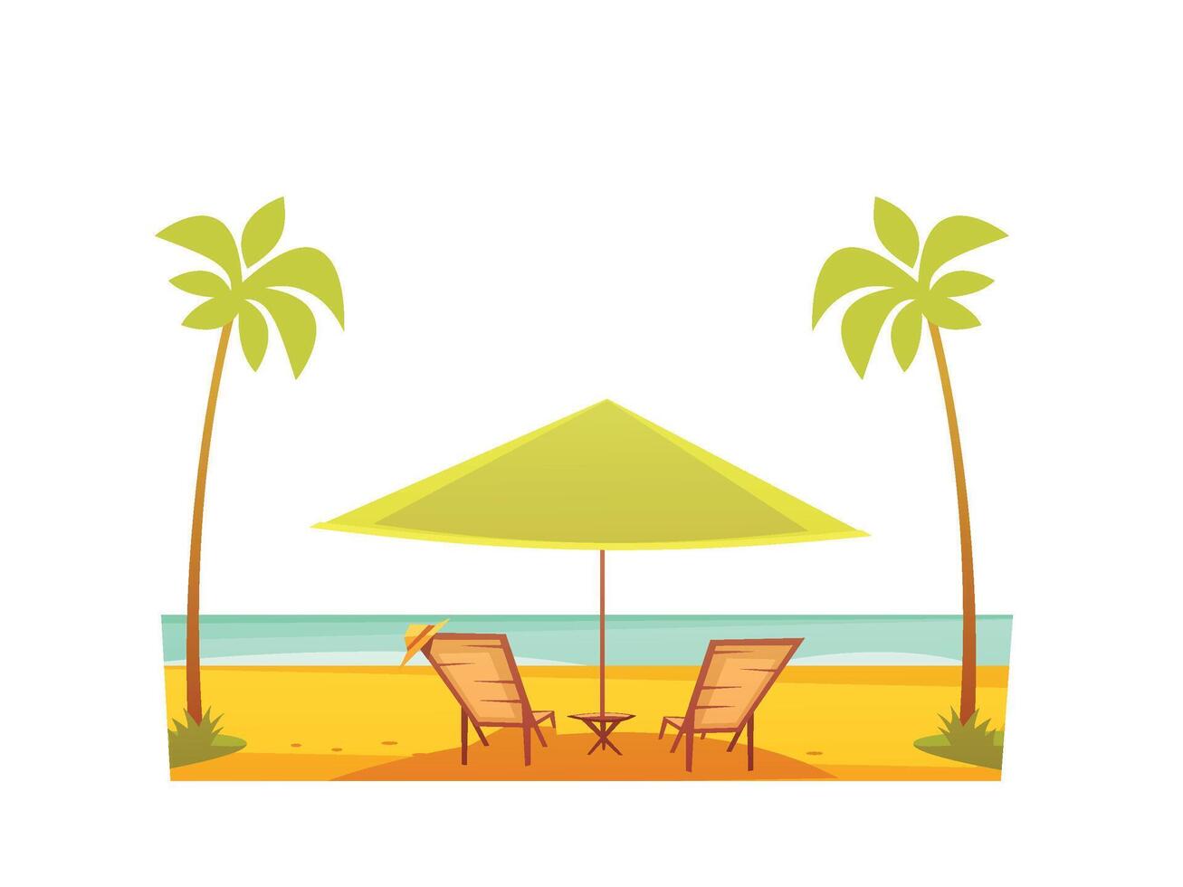 Colorful illustration of a tropical beach landscape with chair, umbrella, and seashore scene for summer holiday and travel themes vector