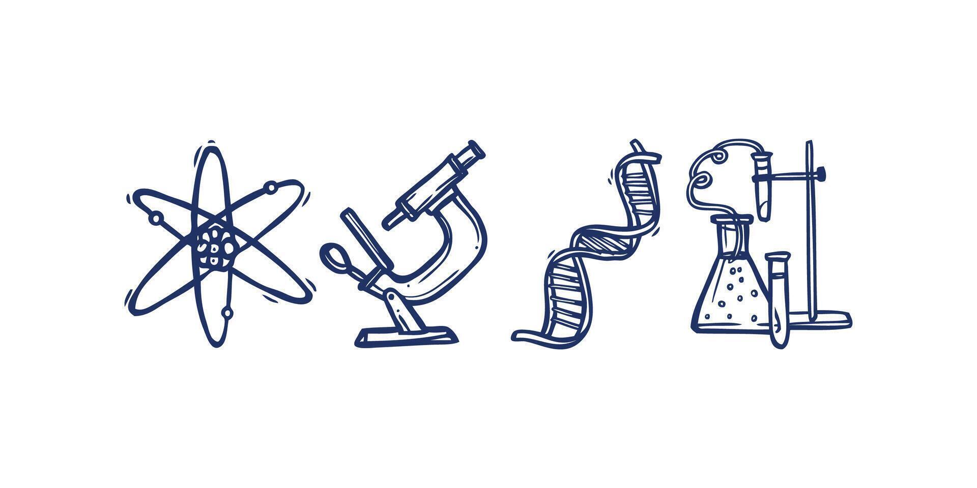 Hand drawn science and education icon illustration with doodle-style lab tools, books, equations, atoms and learning objects for knowledge, school or academic use vector