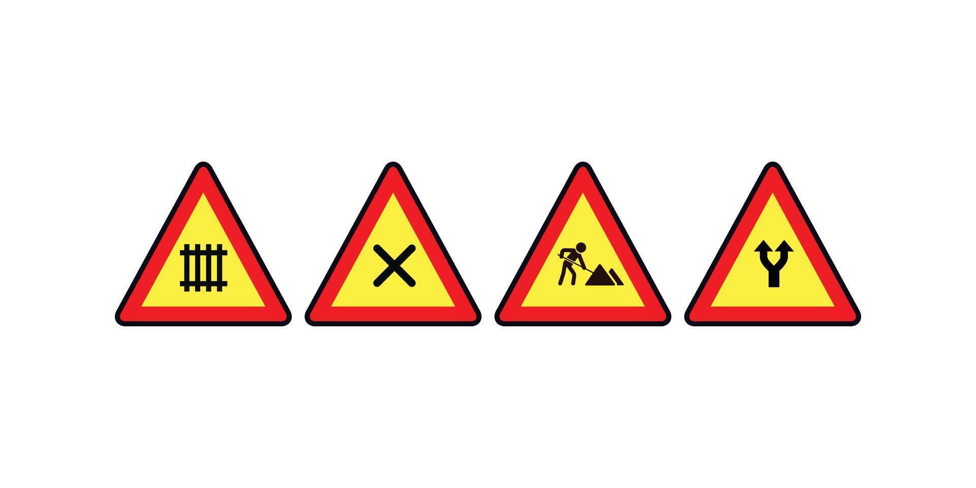 Collection of road caution signs including various traffic symbols, warning elements, and directional safety visuals for transportation and urban planning vector