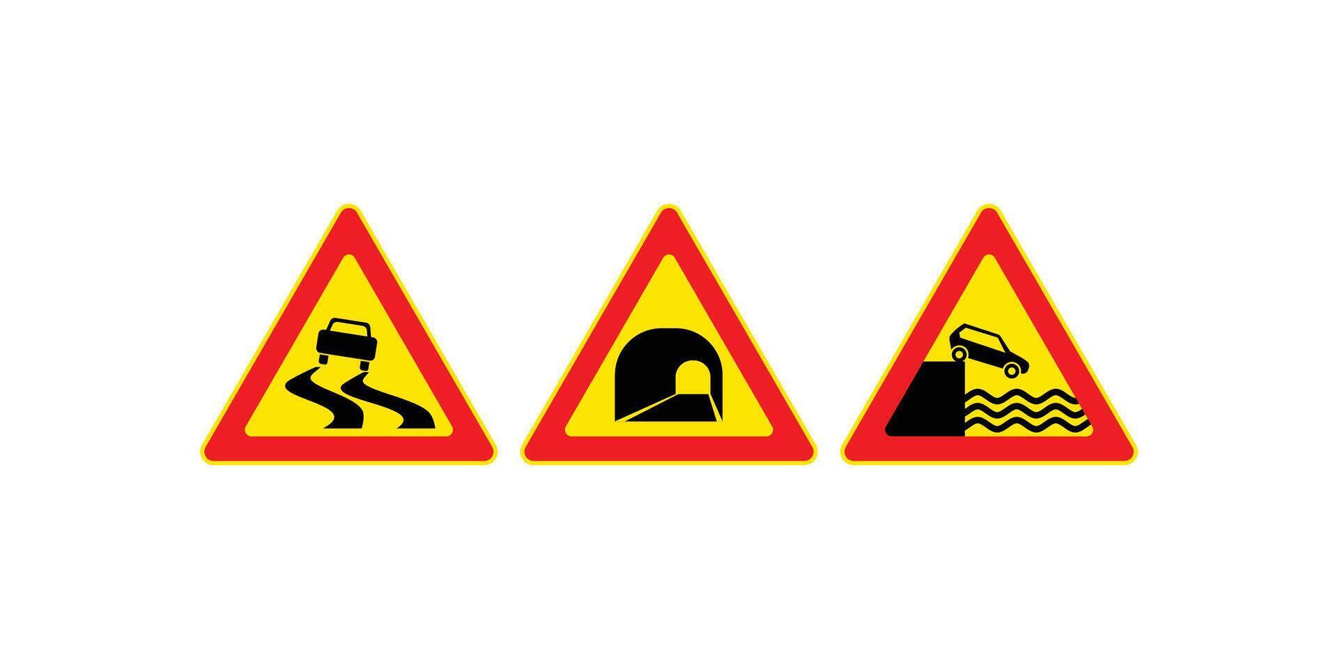 Road warning sign collection including danger symbols, alert icons, and caution signs ideal for transport safety and traffic design elements vector