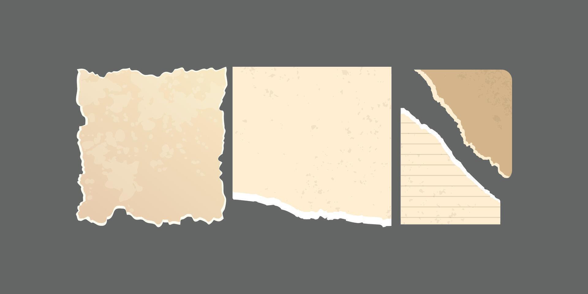 collection of vintage and antique stained ripped paper scraps or pieces isolated against a transparent background, ideal for digital collage designs or base for text vector