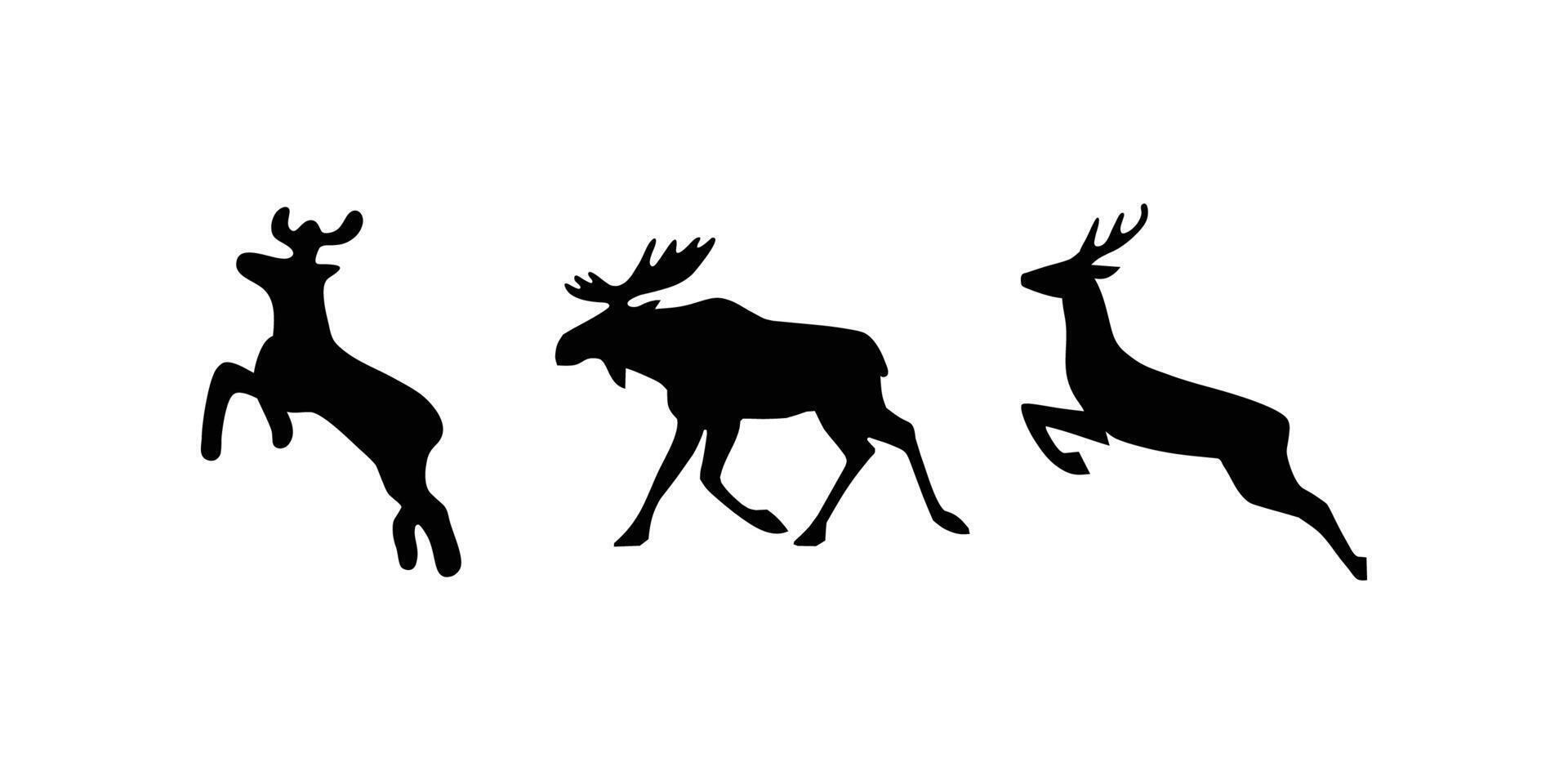 black silhouettes of wild deers male, female and roe deer vector