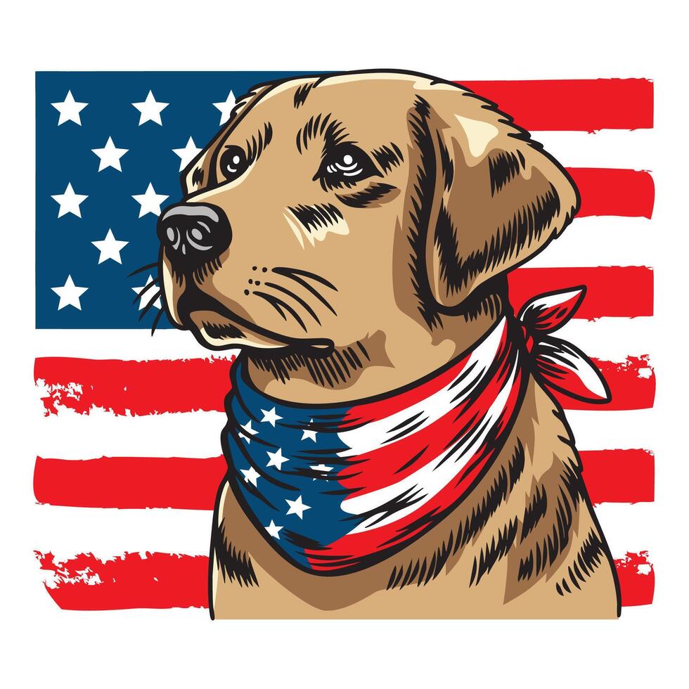 Dog Golden Retriever wearing american flag bandana in american flag background, illustration for the 4th of July independence day vector