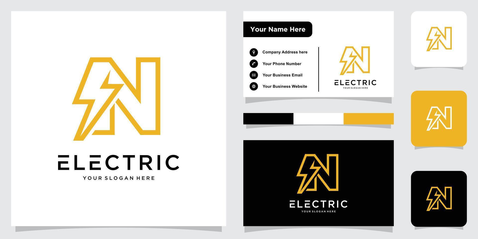 Initial N Letter with Lightning Bolt Logo Design with business card vector