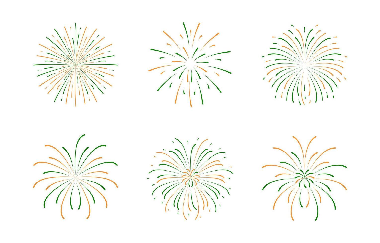 India independence day fireworks celebration Set. Orange green Firecracker in flat style. Blast explosion icon. Sparkles for poster banner card on Republic celebration. Simple lines splashes. vector