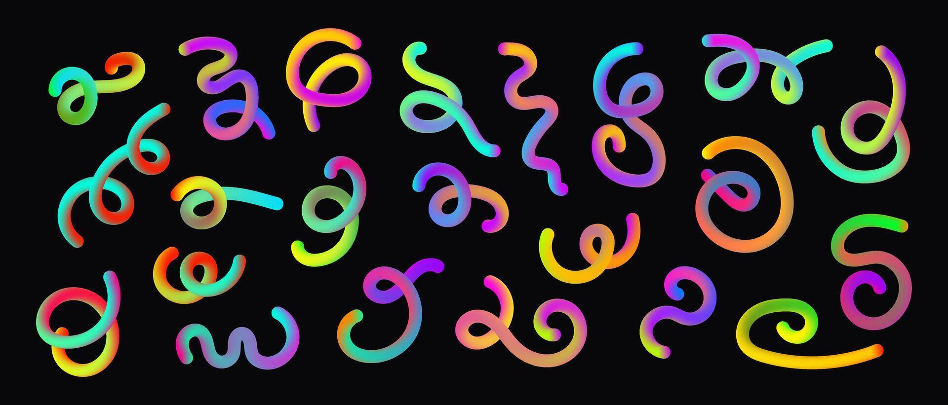 Bright Gradient Line shapes. Abstract wavy fluid element. Neon rainbow spiral and curved design elements. 3D Squiggle. vector