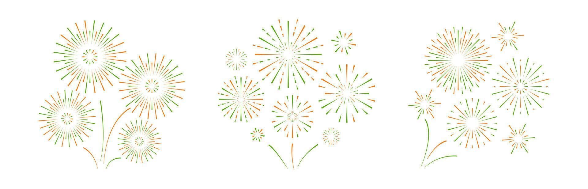 Fireworks Indian republic day set in flat style. green and orange sparks isolated on white background. India independence day. Blast explosion for poster banner card. vector