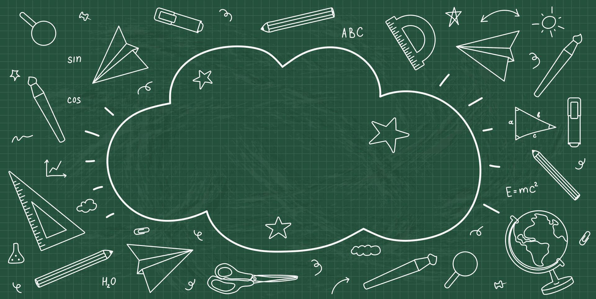 Back to School banner with Doodle school Supplies on blackboard. Simple hand drawn design with chalk typography. Education flyer, poster, card, sale. illustration. Stationery on green board. vector