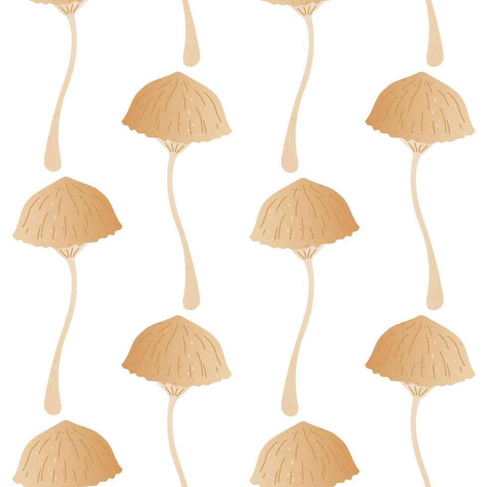 Seamless pattern with delicate forest mushrooms in beige tones. Clean white background and gentle texture. Ideal for eco packaging, minimal autumn print, fall banner or modern fabric vector
