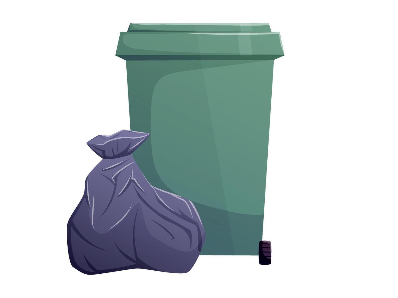 Green outdoor trash bin with full garbage bag, cartoon isolated illustration of waste management, recycling, sanitation, or urban cleanliness for infographics, banners, service materials. vector