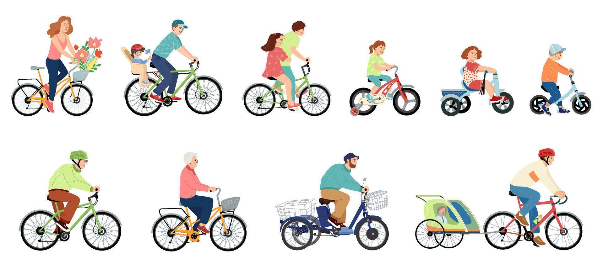 People riding bicycles in various styles vector
