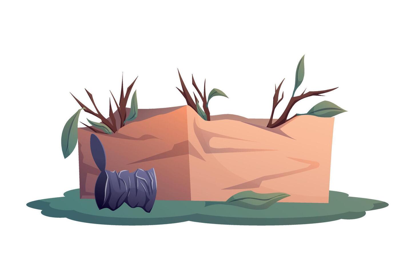 Cartoon isolated of a crumpled cardboard box with dry twigs and leaves on grass, next to a tin can. Concept of wildlife using trash for shelter, recycling, animal behavior, and urban ecology. vector