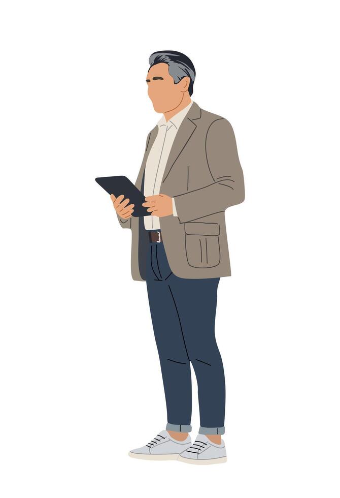 Senior man in smart casual outfit holding tablet vector
