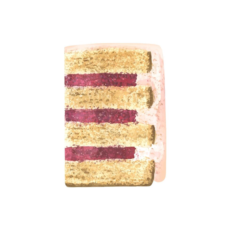 A piece of sponge cake with berry filling. Watercolor illustration. An isolated object from a large set of SWEETS. For decoration, design and compositions of menus, recipes, kitchen accessories. vector
