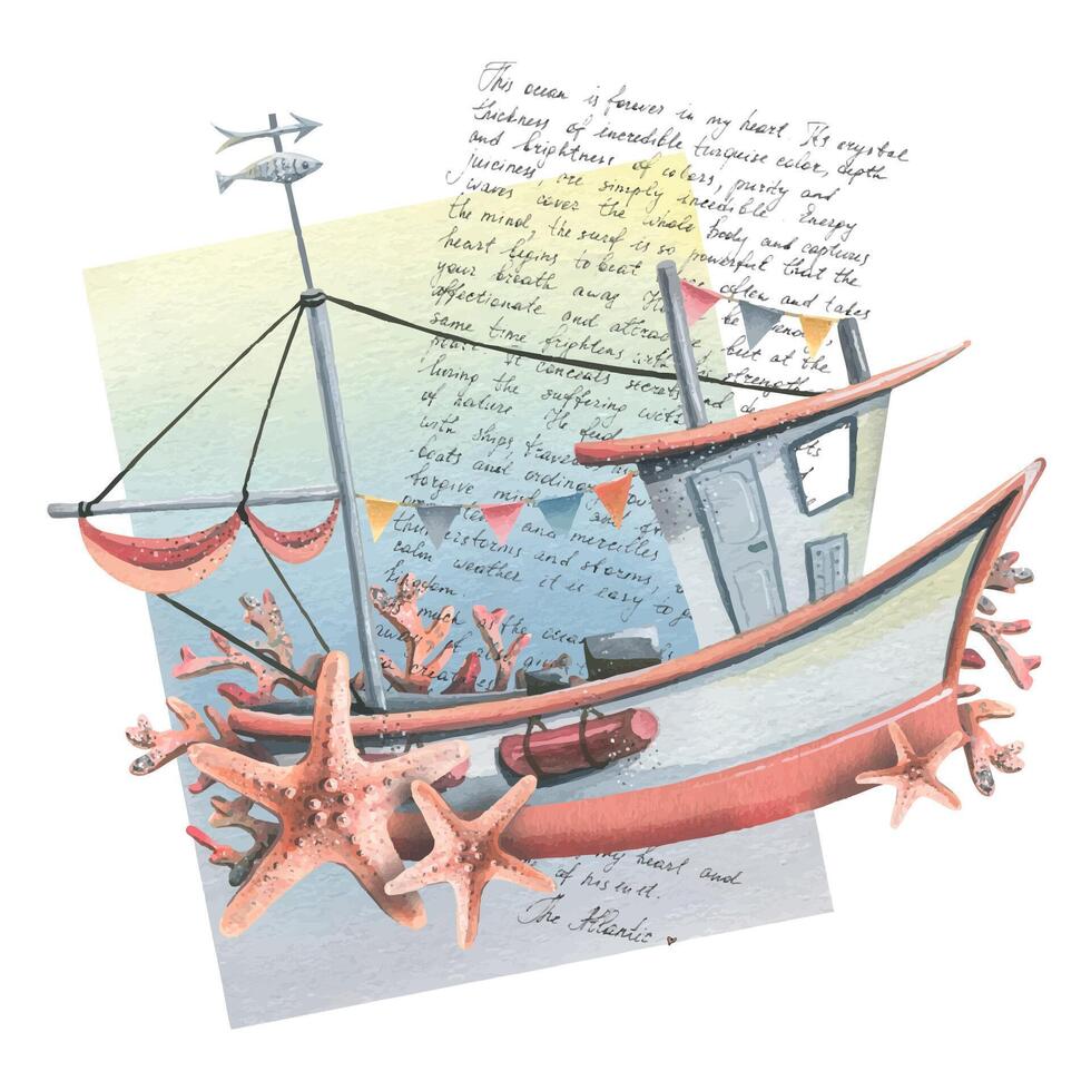 Boat illustration with sea creatures vector