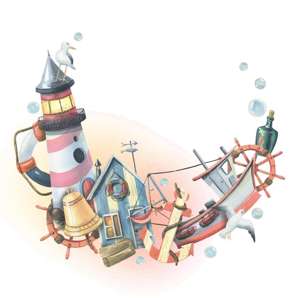 Colorful lighthouse and coastal scene illustration vector