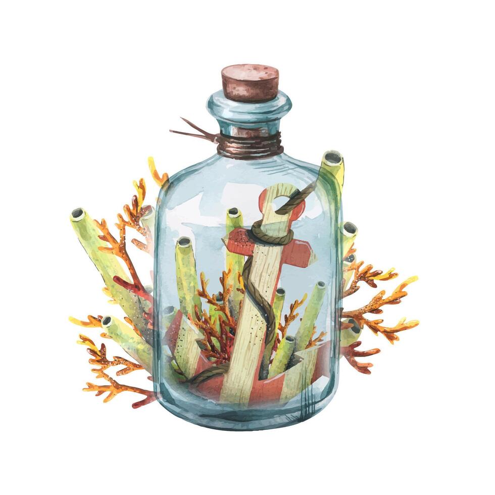 Glass bottle with coral and wooden pieces vector