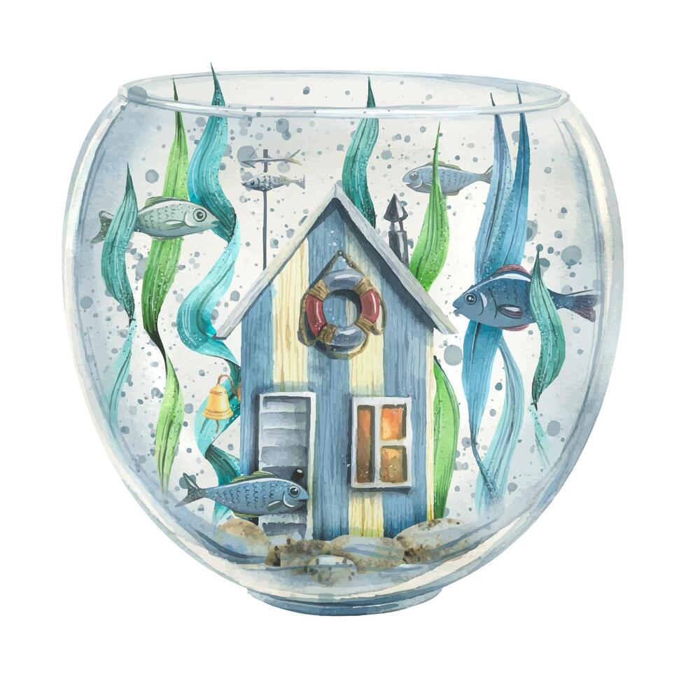 Aquarium with house and fish vector