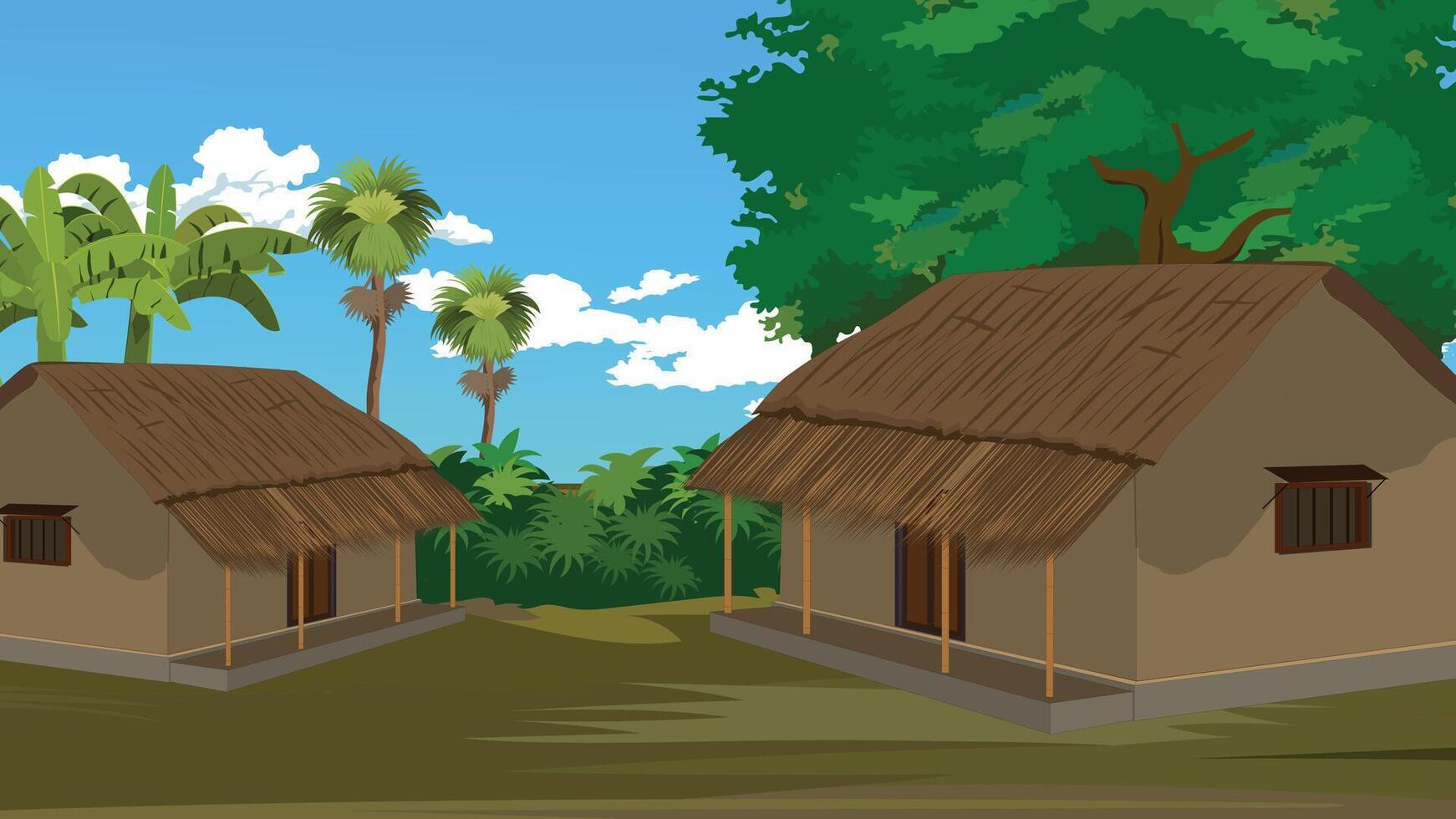 Traditional houses in green landscape vector