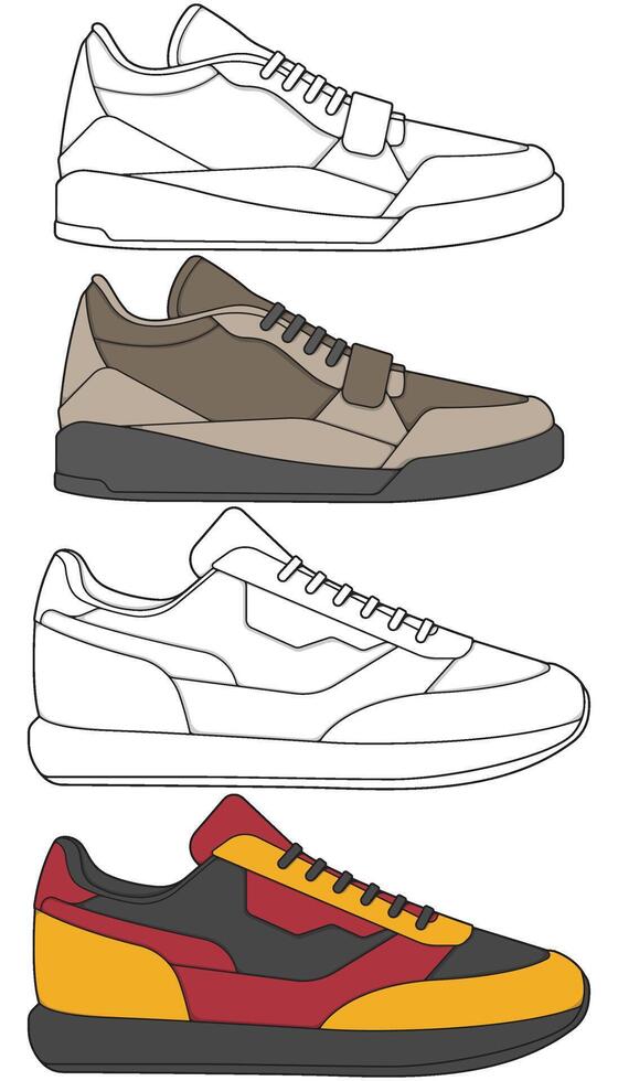 Hand-Drawn Shoe Collection Stylish Sneakers in Color and Outline vector