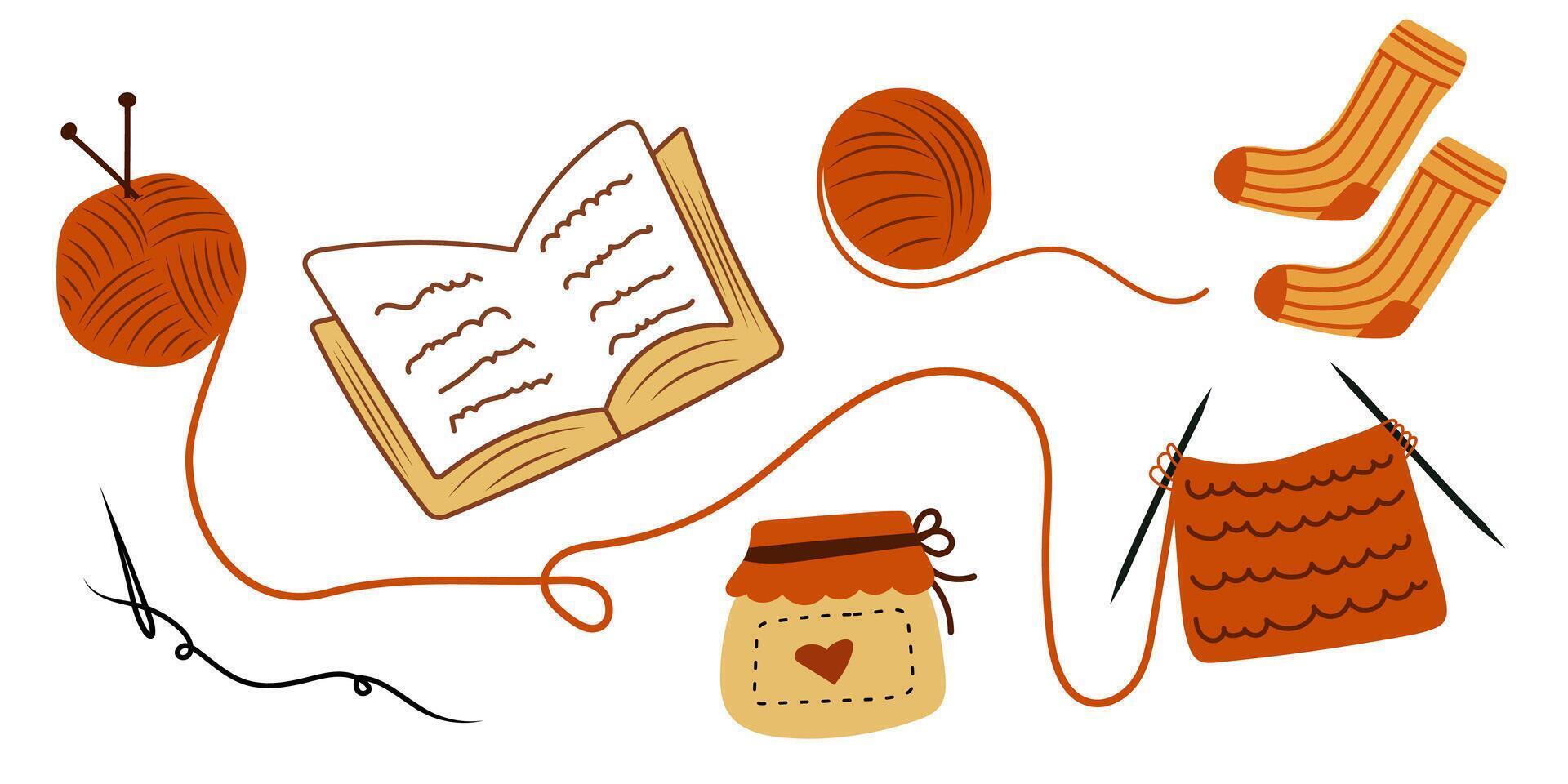 Cozy knitting set on white background. Cute hand made elements. Trendy diy. vector