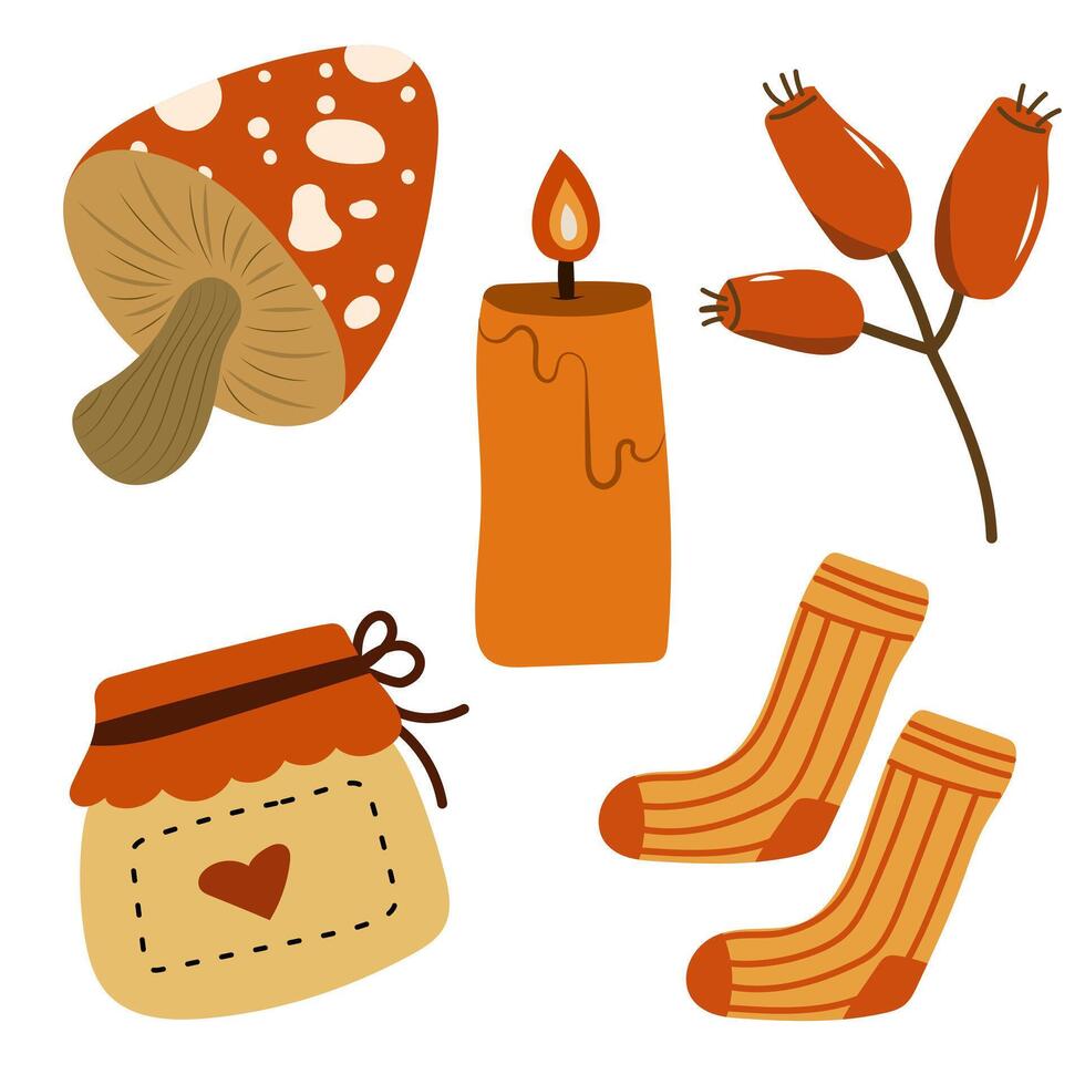 Autumn cozy elements set with mushroom, candle, berries and warm socks. vector