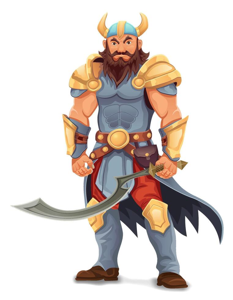 ancient fantasy warrior with stern face standing threatening pose in armor and with weapon cartoon illustration vector