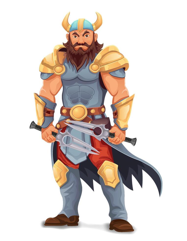 ancient fantasy warrior with stern face standing threatening pose in armor and with weapon illustration vector