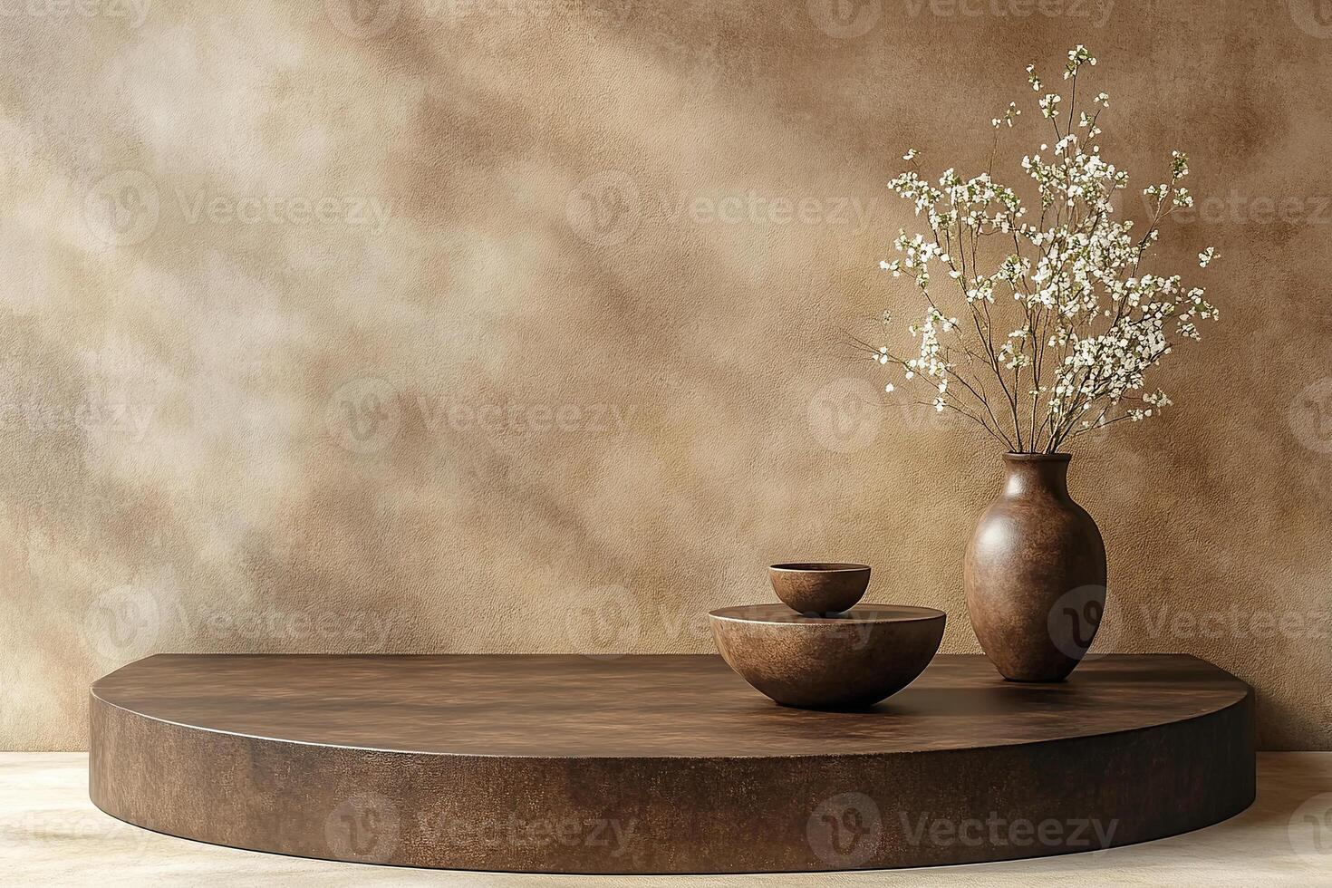 Podium on marble table against natural wall background. Design mockup for luxury cosmetic product placement. photo
