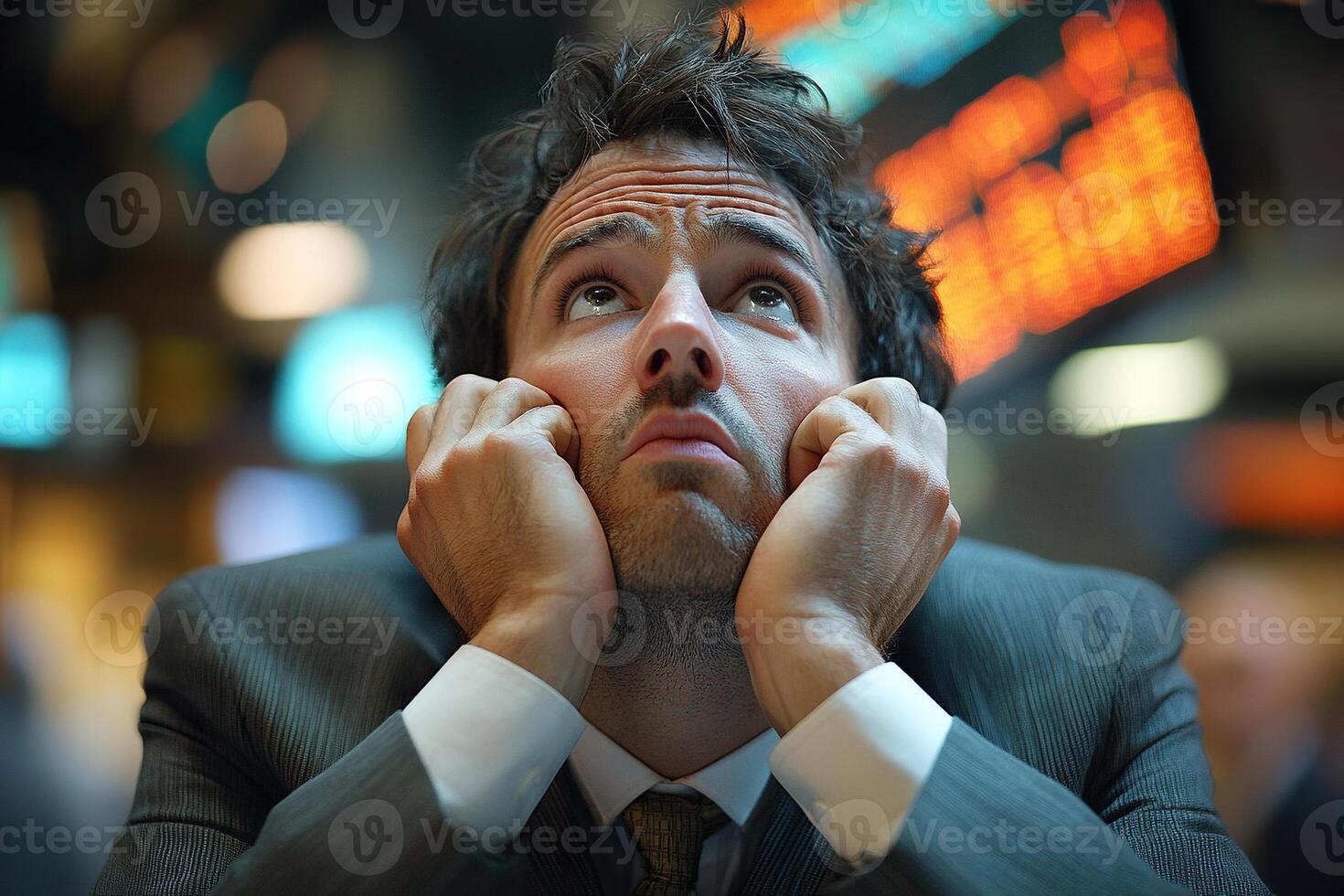 A young businessman rests his head on his hands, upset, against the backdrop of stock market charts. photo
