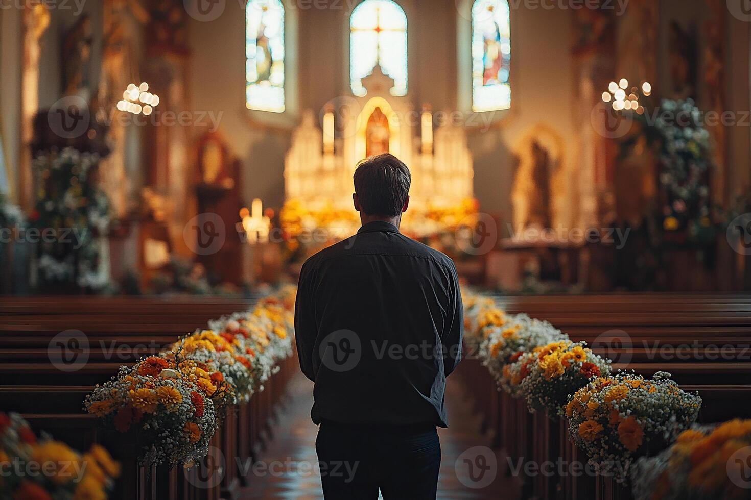 A man walks towards the altar along wooden pews decorated with flowers in a church. photo