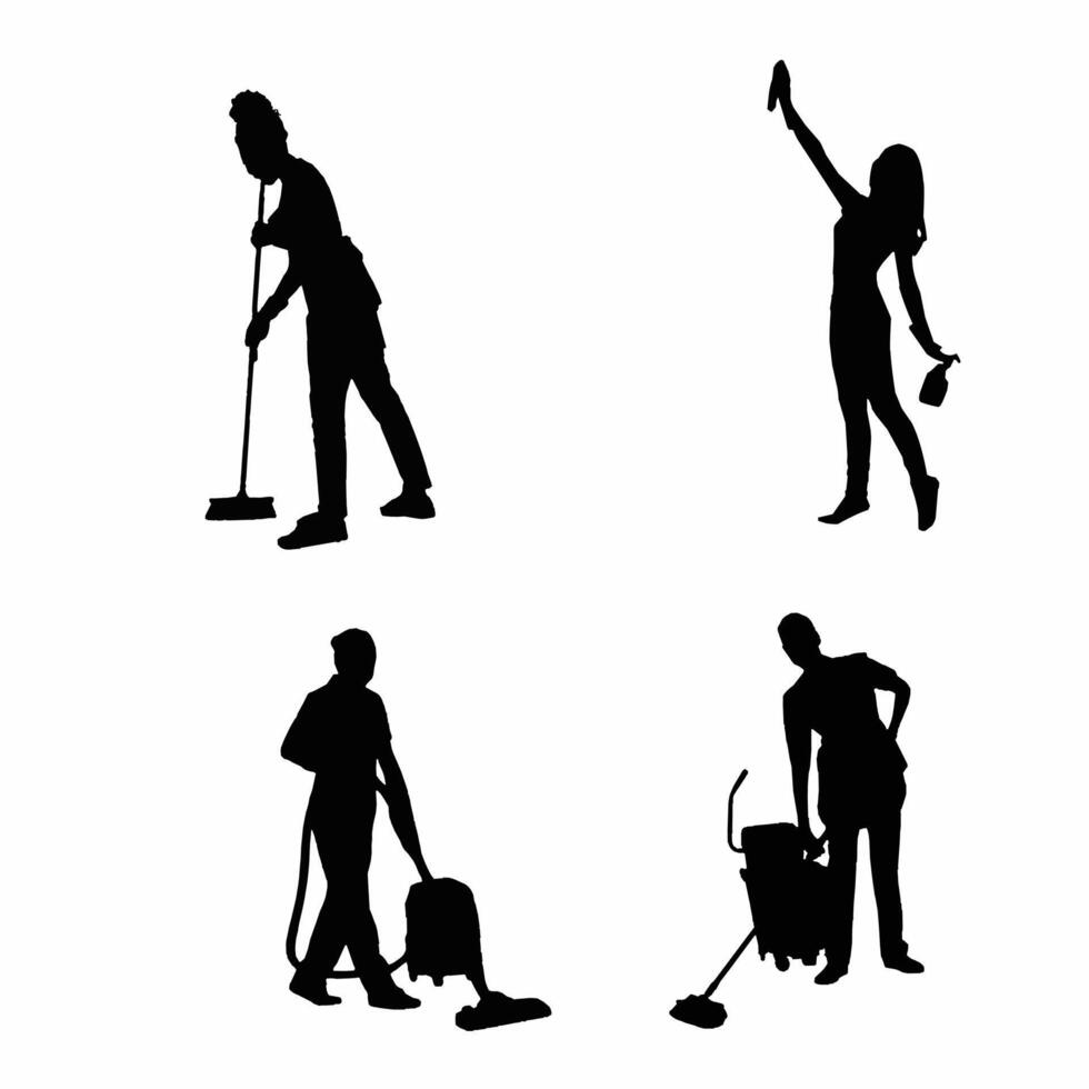 Domestic Worker and Cleaning Equipment Silhouettes vector