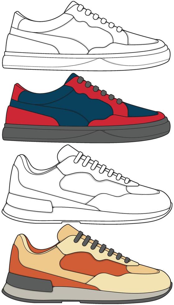 Hand Drawn Sneakers Set Streetwear Shoes in Outline and Color vector