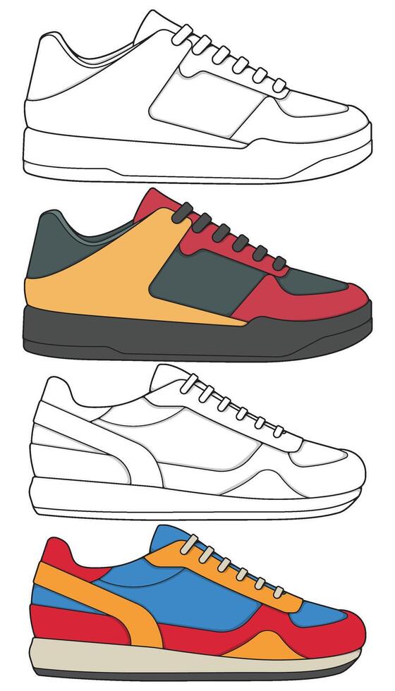 Outline and Colored Sneakers Hand Drawn Shoe Bundle for Branding Use vector