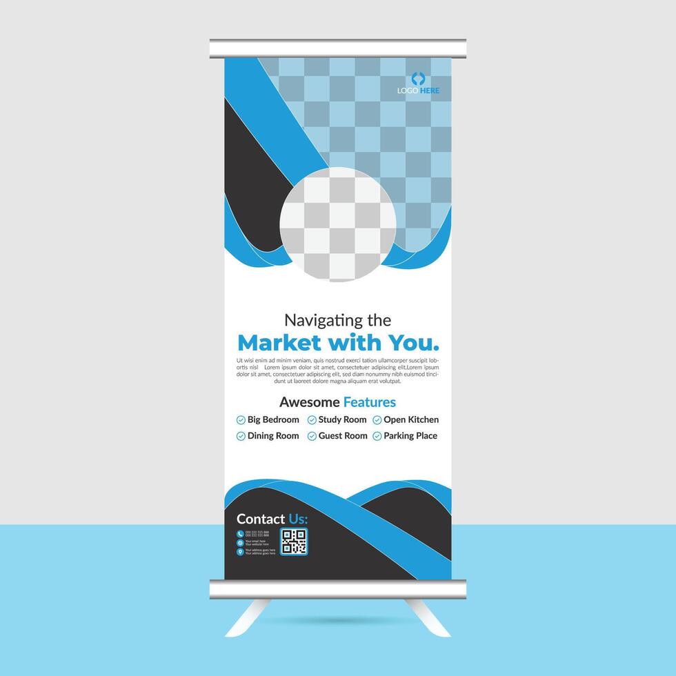 roll up banner with a blue and white design vector