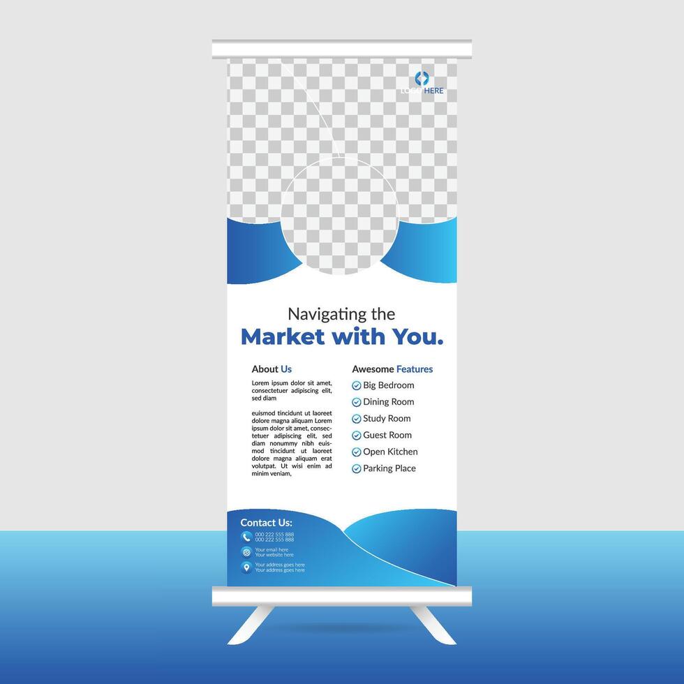 a roll up banner stand with blue waves and a text vector