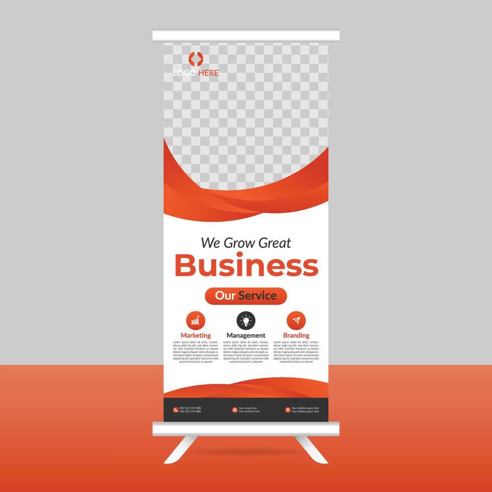a roll up banner stand with a red and white design vector