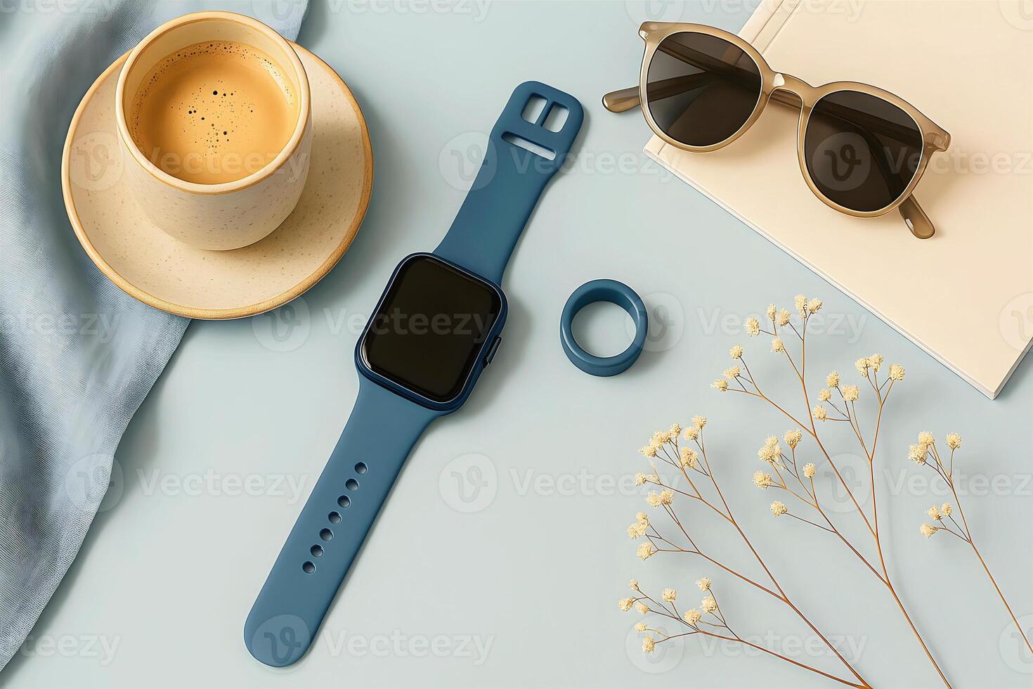 Modern Lifestyle Flat Lay with Blue Smartwatch, Smart Ring, Coffee and Sunglasses on blue background, Minimalist Tech Accessories photo